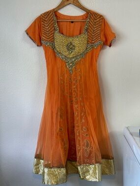 Indian Dress Sarees Orange Embellished Women's Dress with Gold Accents Size M/L